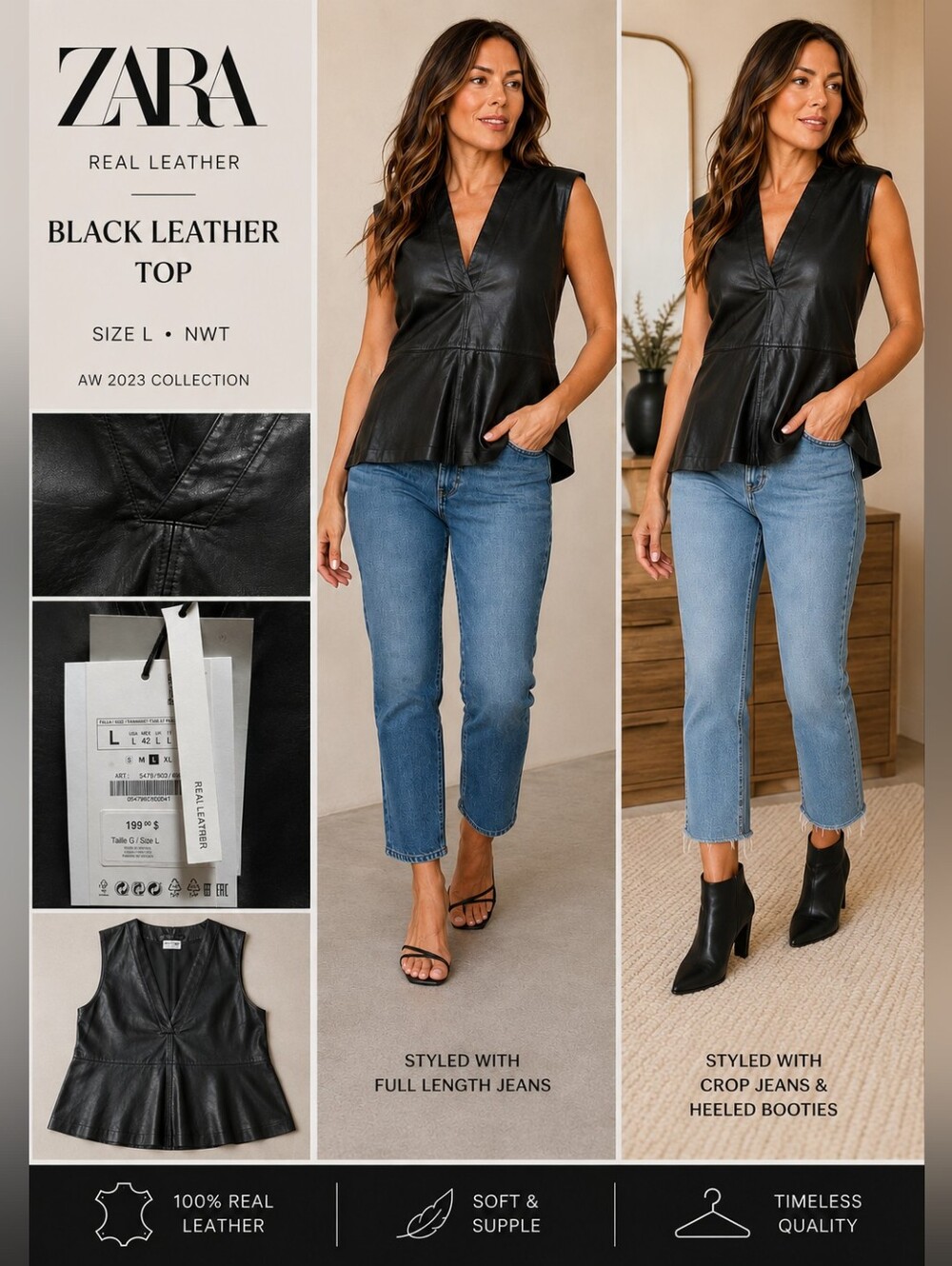 ZARA Large Black Real Leather Sleeveless Top Designer Collection 2023